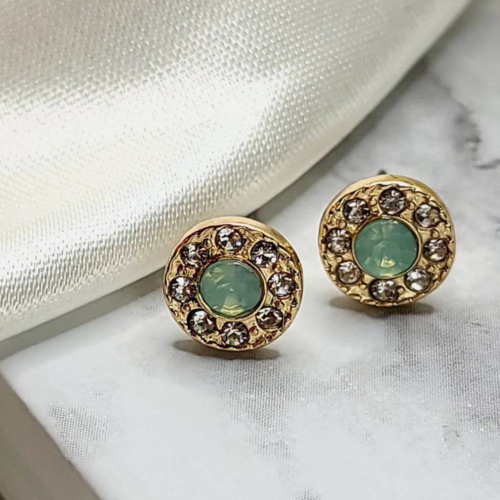 Gold Seafoam Diamond Halo Rhinestone Stud Button Earrings